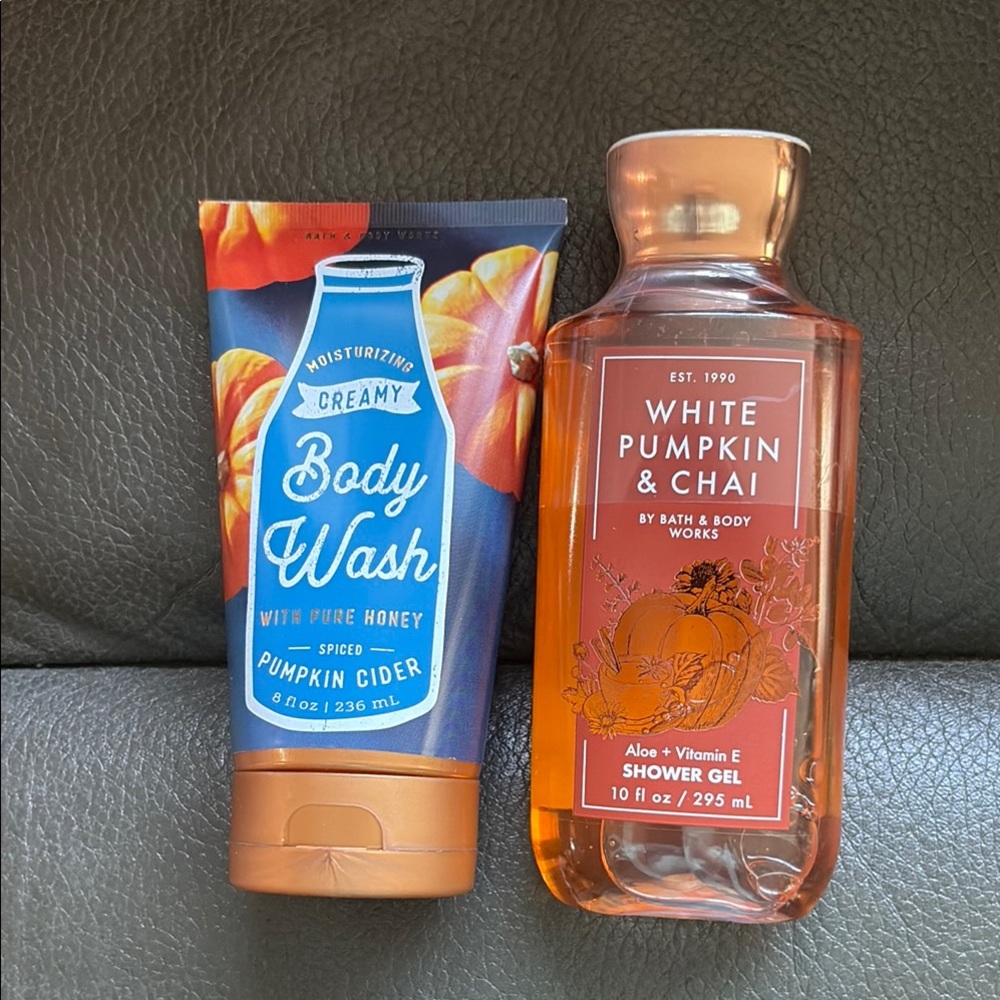 Bath and body shower gels in white pumpkin and chia and spiced pumpkin cider